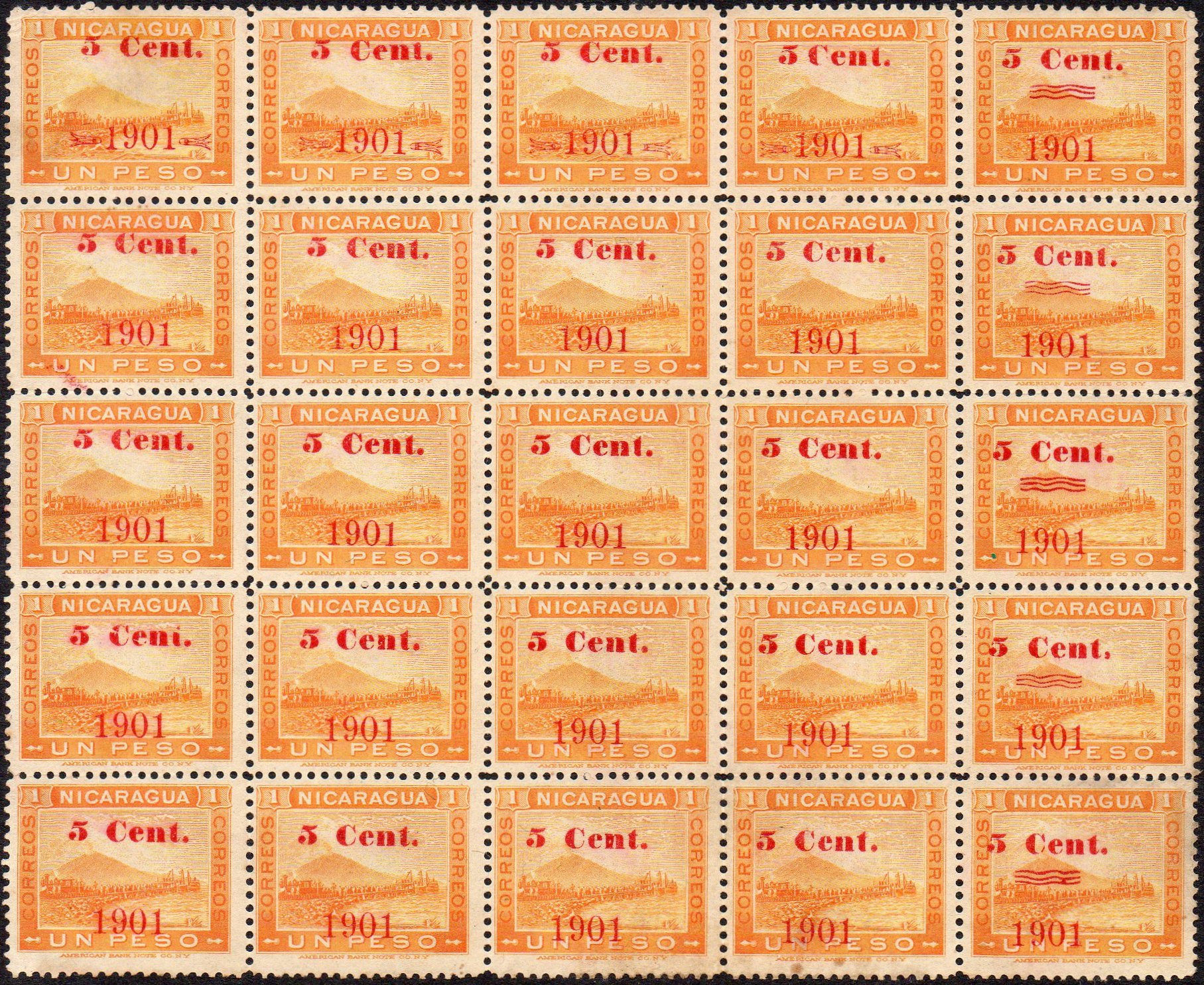 timbres-poste sellos postales stamps Nicaragua Momotombo Volcano & Train 5c/1P 1901 Red surcharge 